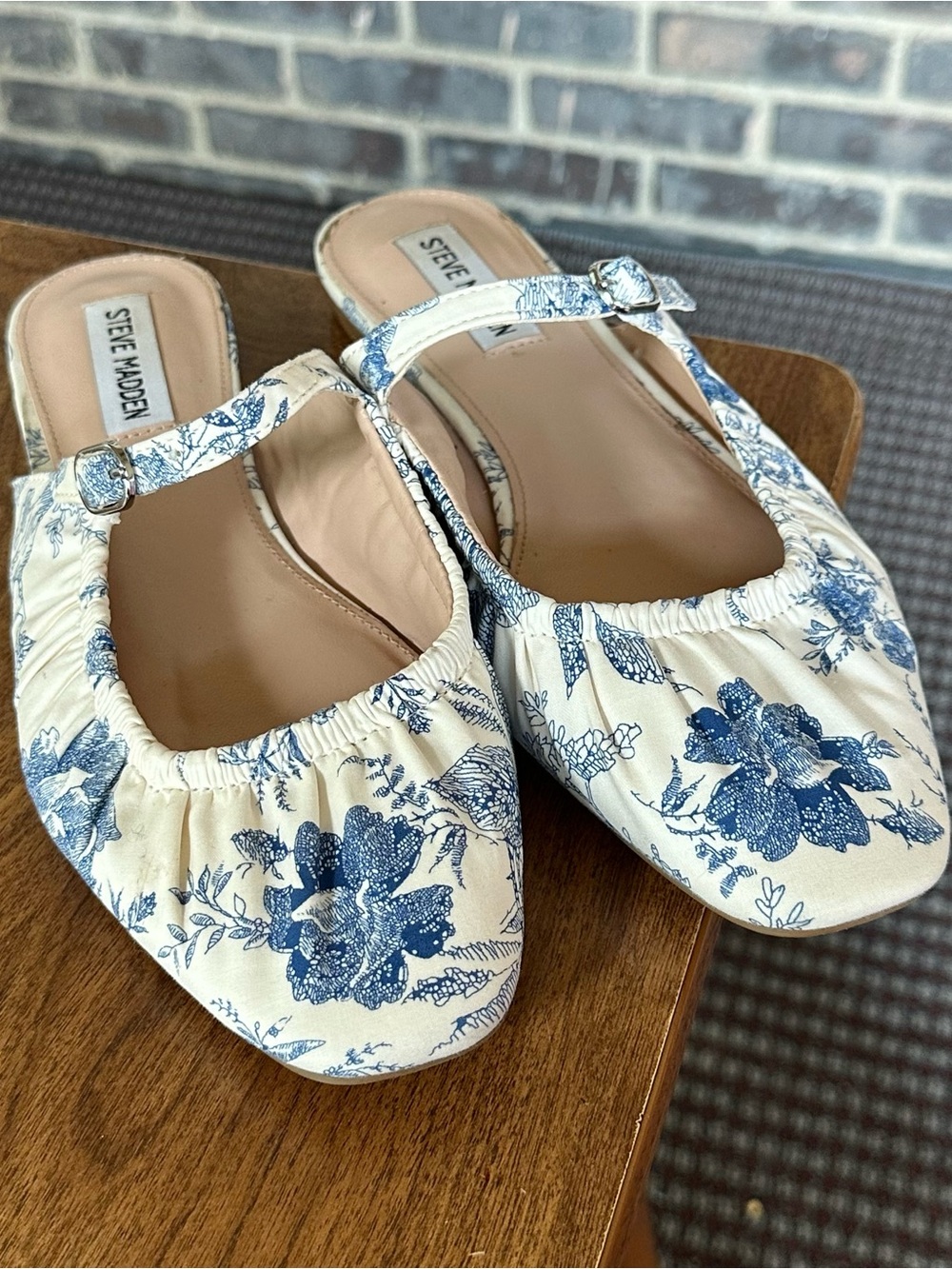 Steve Madden Cream Floral Mary Jane Flats with Blue Print